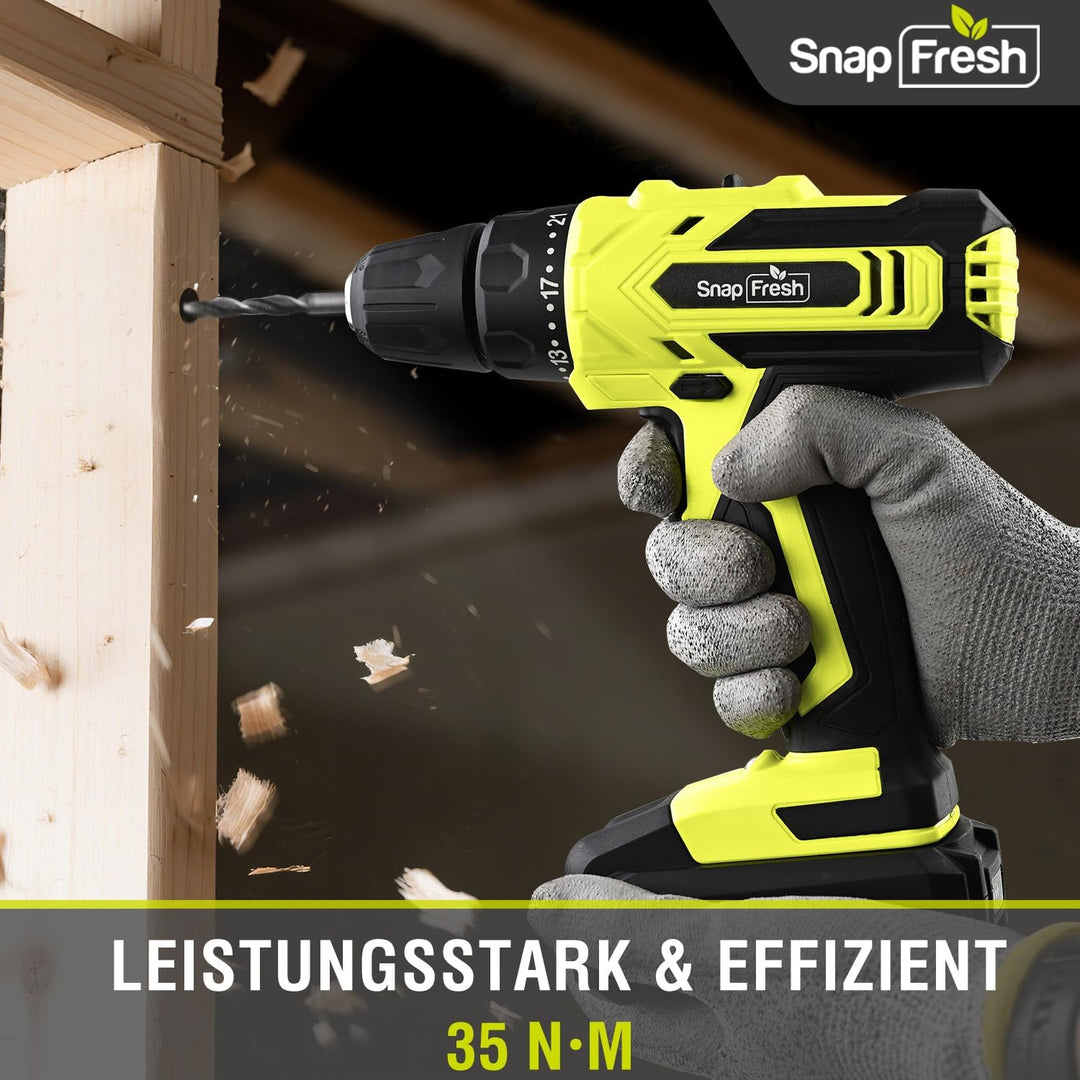 SnapFresh Akku-Bohrschrauber Set 20V – Nur 0,8kg, 35N·m Drehmoment, 2-Gang, LED-Licht, 43tlg Zubehör