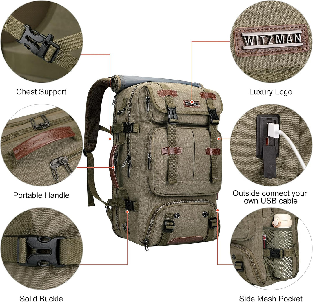 WITZMAN Reiserucksack Herren Gross 40L Canvas Vintage 3 in 1 Rucksack Fit 16 Zoll Laptop Rucksack fü