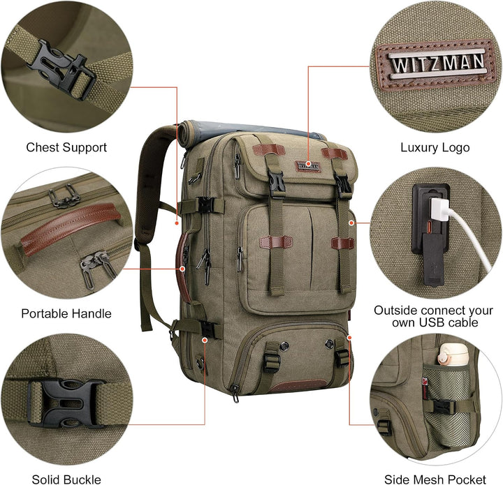 WITZMAN Reiserucksack Herren Gross 40L Canvas Vintage 3 in 1 Rucksack Fit 16 Zoll Laptop Rucksack fü
