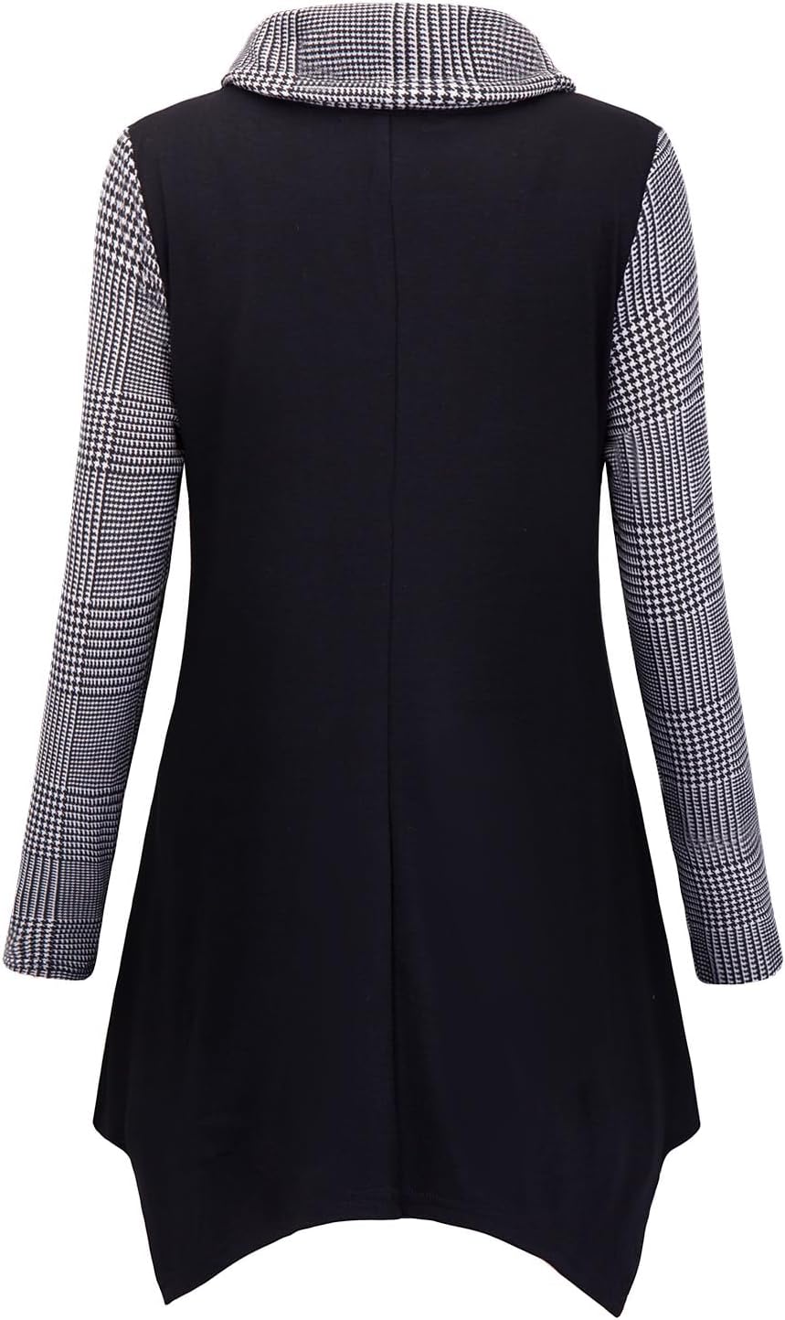 Amrto Damen Tunika Tops Turtleneck Langarm Shirts Bluse Hemd Pullover Mit Taschen, Hahnentritt