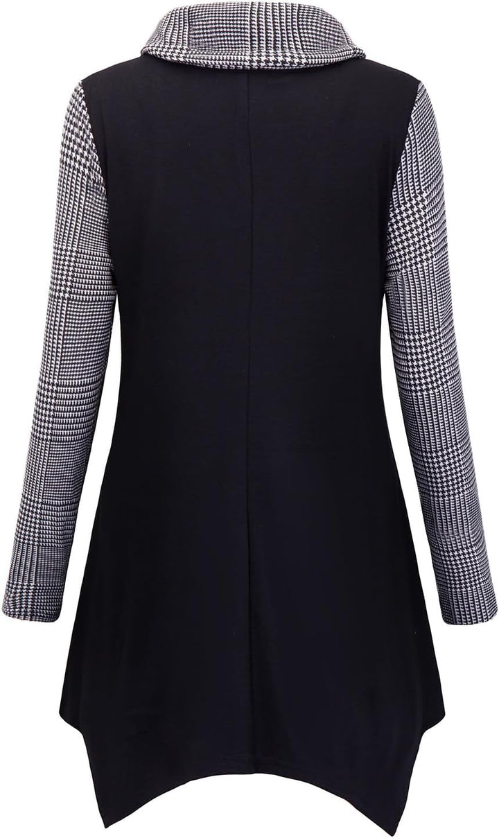 Amrto Damen Tunika Tops Turtleneck Langarm Shirts Bluse Hemd Pullover Mit Taschen, Hahnentritt