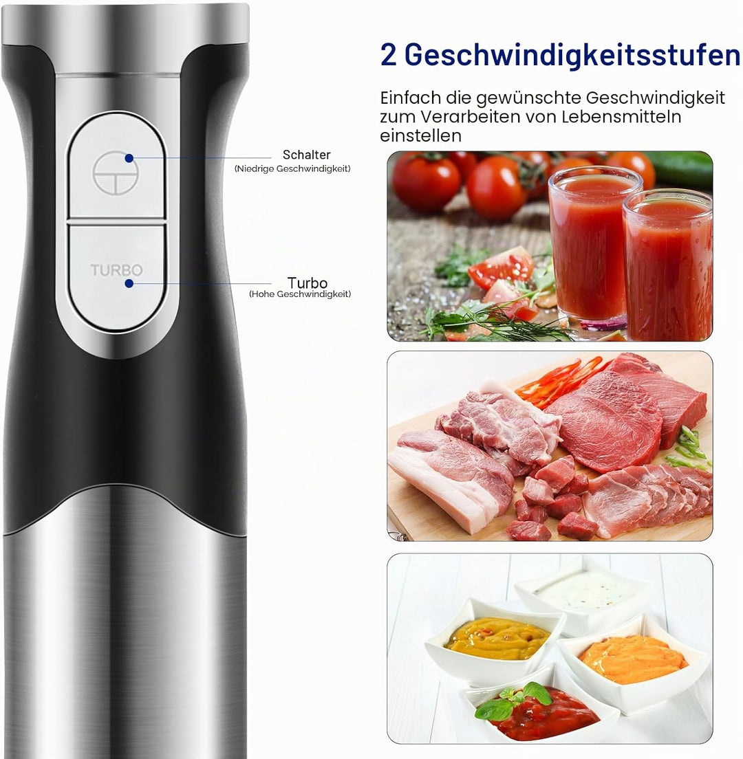 NWOUIIAY Stabmixer set 6-in-1 Pürierstab Edelstahl Set 1200W Stabmixer 600ml Messbecher, Schneebesen
