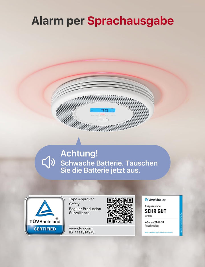 X-Sense Kombinierter Rauch- und Kohlenmonoxidmelder mit Sprachausgabe-Alarm, CO-Melder mit austausch