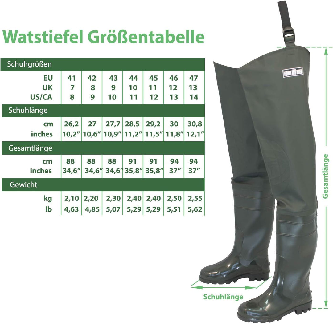 FortMen Watstiefel Herren Anglerhose mit Stiefel wasserdichte Wathose Grösse Gr. 41-47 Lange Watthos