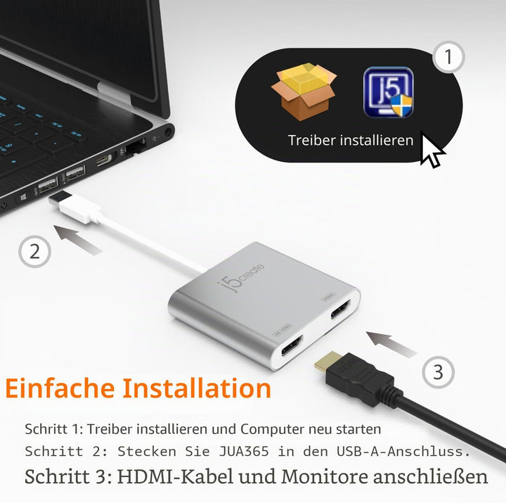 j5create USB auf HDMI Adapter - USB 3.0 auf Dual HDMI Konverter für Zwei Monitore | 4K Ultra HD | fü