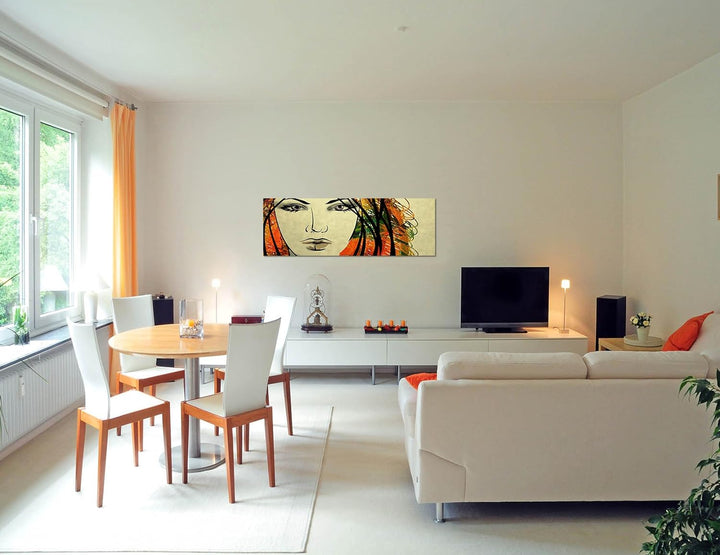 Paul Sinus Art Panoramabild auf Leinwand und Keilrahmen 150x50cm Gemälde Frau Gesicht Portrait Kunst
