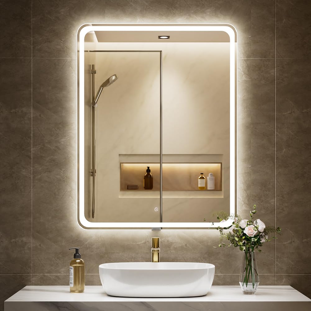 badezimmerspiegel mit Beleuchtung, Sandstrahl-Design led Spiegel Bad, 3 Farbtemperaturen, Dimmbar, E