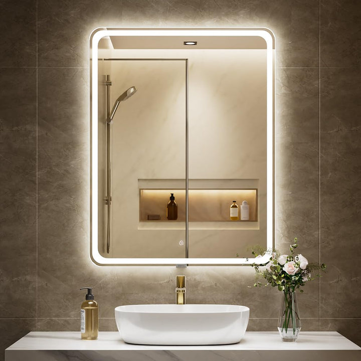 badezimmerspiegel mit Beleuchtung, Sandstrahl-Design led Spiegel Bad, 3 Farbtemperaturen, Dimmbar, E