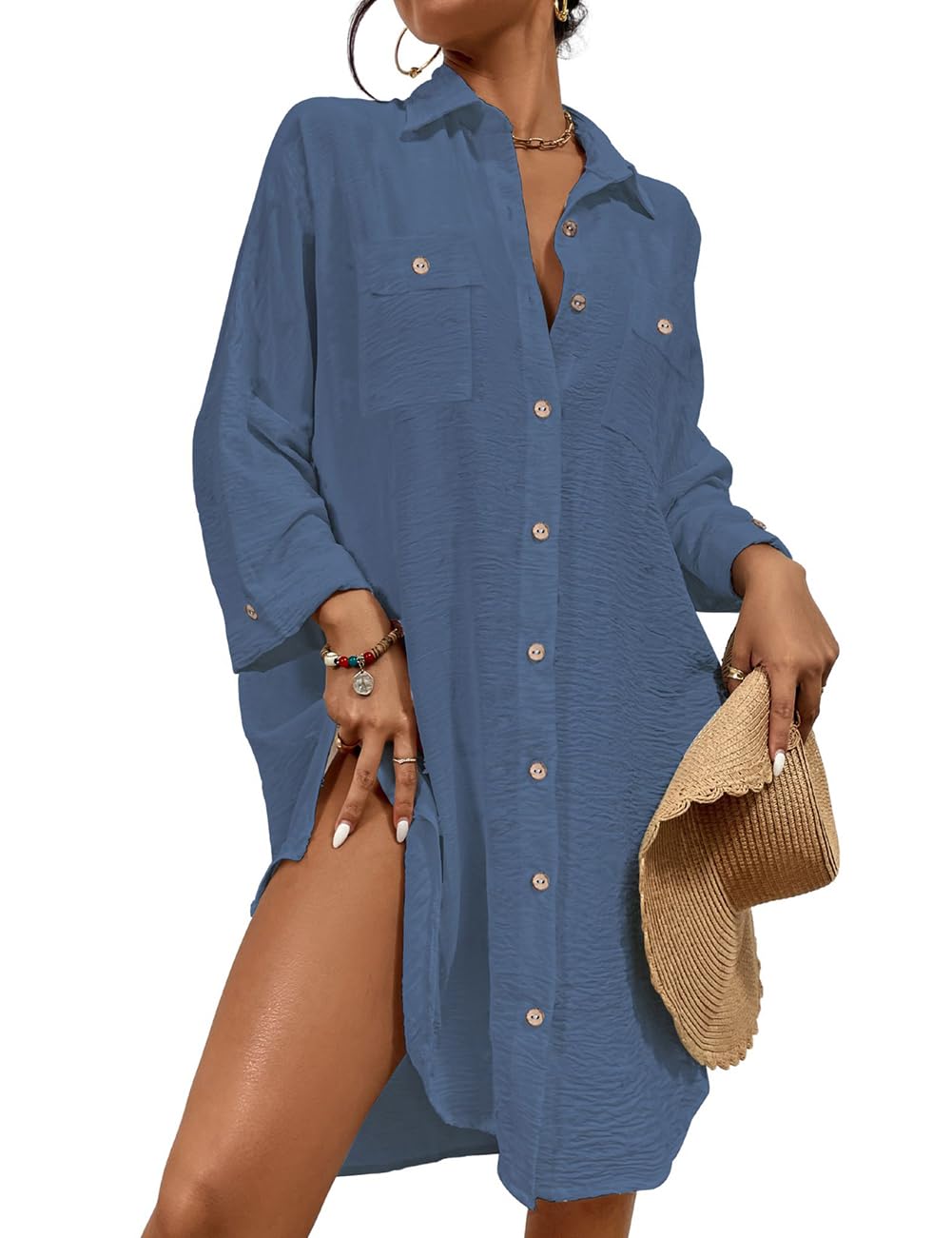 Bsubseach Frauen Badeanzug Coverup Shirt Kleid Button Down Badeanzug Cover Up Beachwear L B-Blauer D