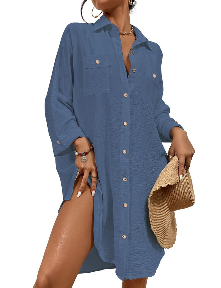 Bsubseach Frauen Badeanzug Coverup Shirt Kleid Button Down Badeanzug Cover Up Beachwear L B-Blauer D