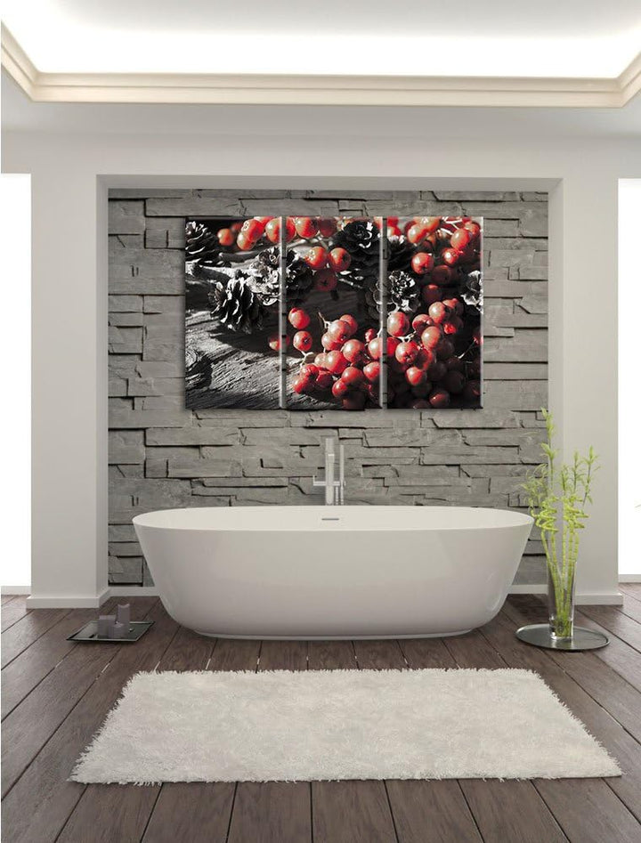 Pixxprint Vogelbeeren und Tannenzapfen als Leinwandbild/Grösse: 3 Teilig (120x80 cm) cm/Wandbild/Kun
