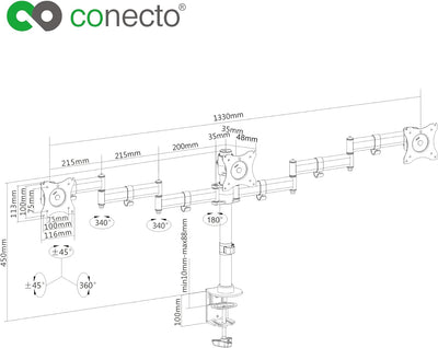 conecto,Monitor-Halterung für DREI Bildschirme bis 27 Zoll,neigbar (+/-45°),schwenkbar (+/-180°),dre