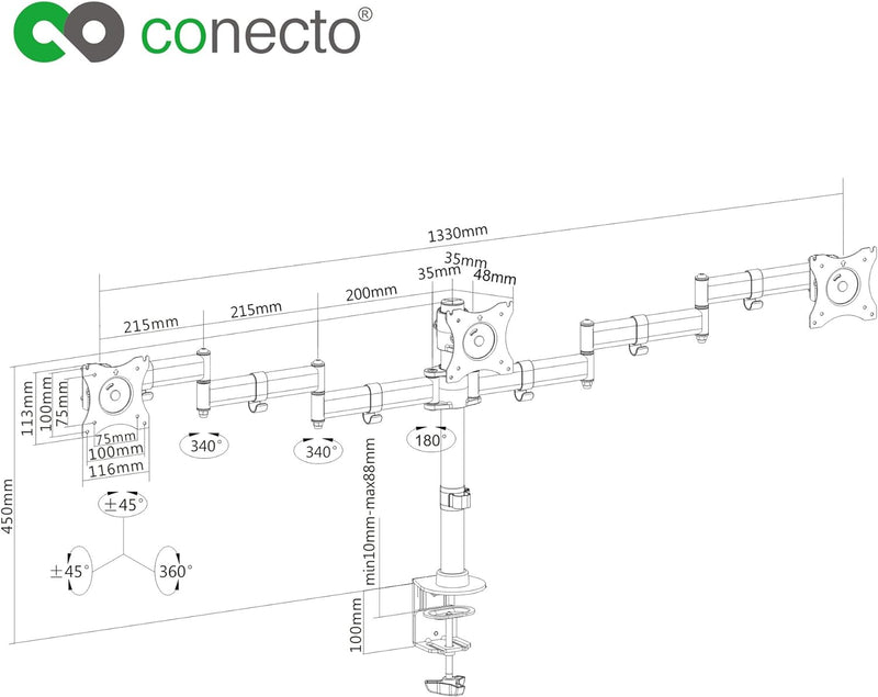 conecto,Monitor-Halterung für DREI Bildschirme bis 27 Zoll,neigbar (+/-45°),schwenkbar (+/-180°),dre