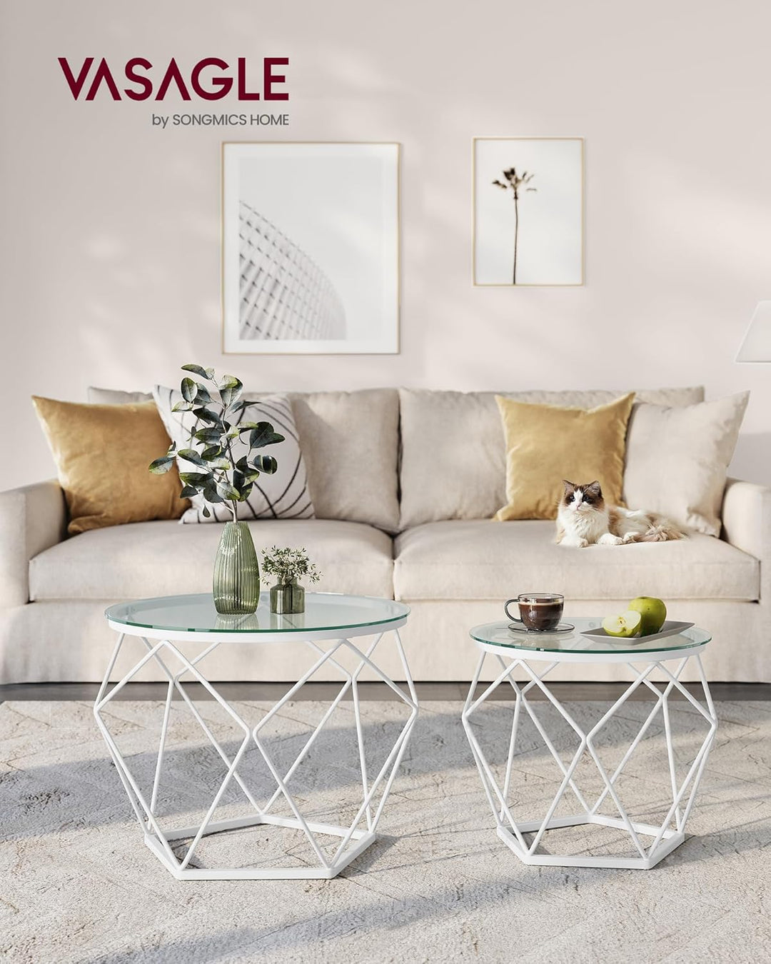 VASAGLE Couchtisch rund, 2er Set, Wohnzimmertisch, Beistelltisch, modern, abnehmbare Tischplatte, fü