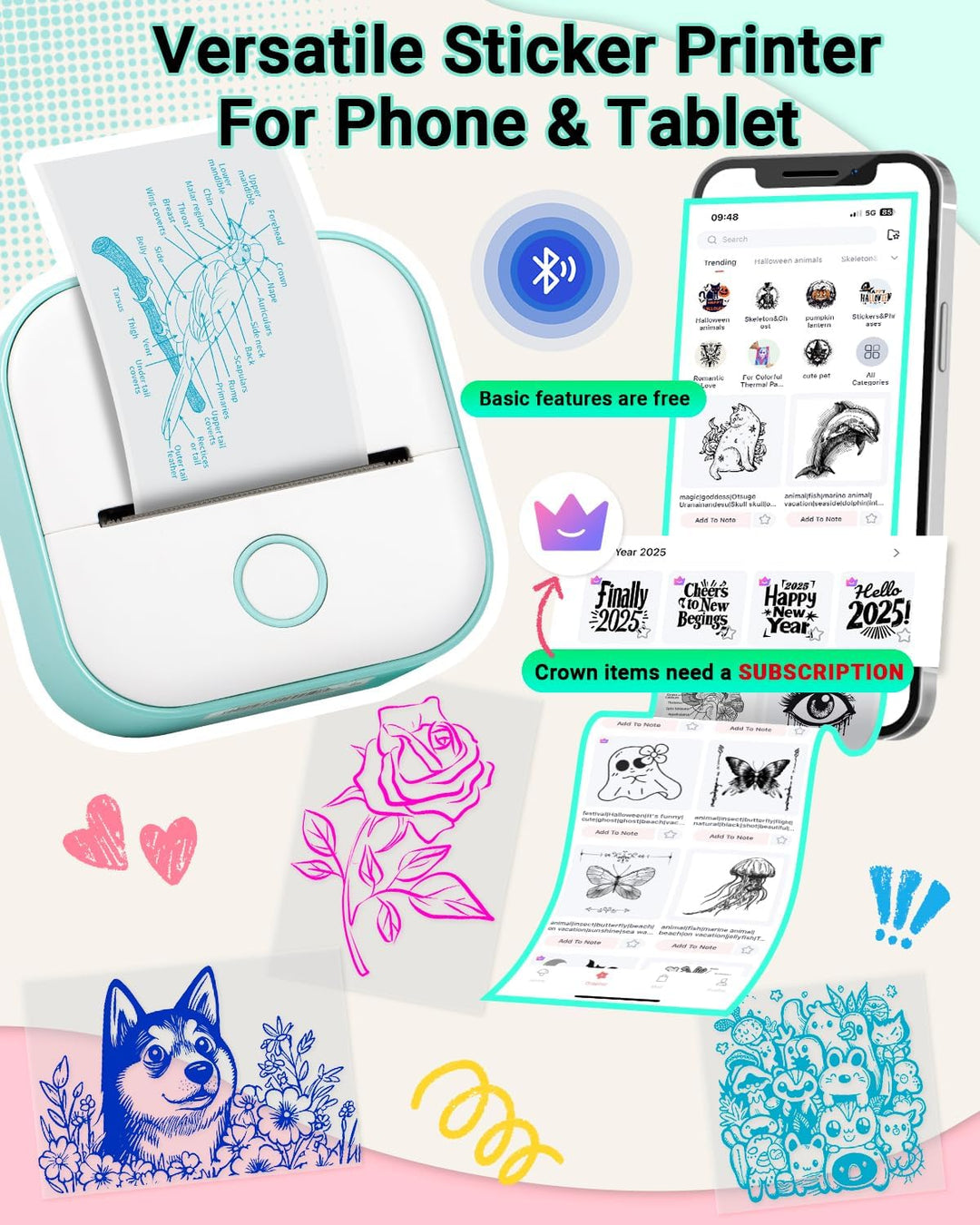 Mini Drucker für Smartphone, T02 Minidrucker Tragbarer Mini Thermodrucker Grün, Grün