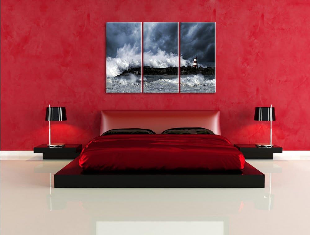 Pixxprint Tobendes Meer mit Leuchtturm als Leinwandbild/Grösse: 3 Teilig (120x80) cm/Wandbild/Kunstd