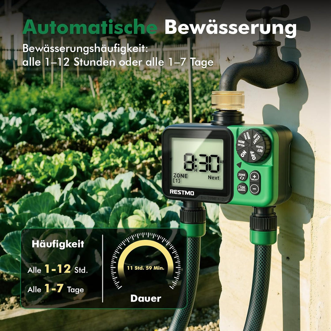 RESTMO 2 Zonen Bewässerungscomputer, grosses Display bewässerungsuhr, automatisch/manuell/Regenverzö