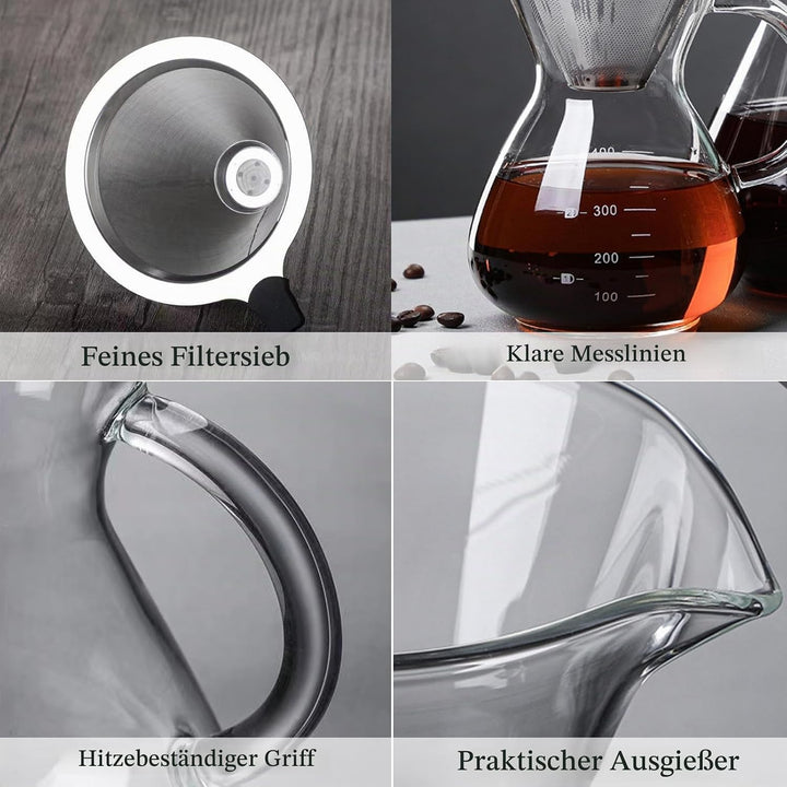 Ailelan Pour Over Kaffeebereiter, 400ml Glas Kaffeekanne mit Filter und Hitzebeständigem Griff, Pour