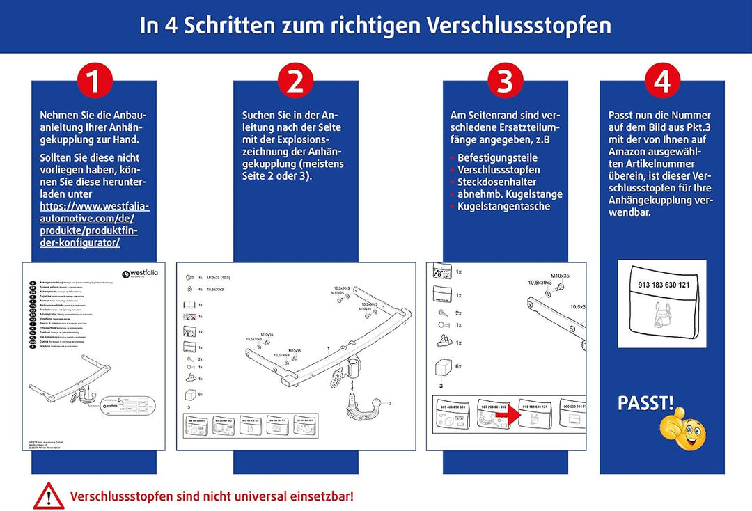 Westfalia Automotive: Verschluss-Stopfen 913183630121 &amp; 903078630121 für abnehmbare Anhängerkupplung