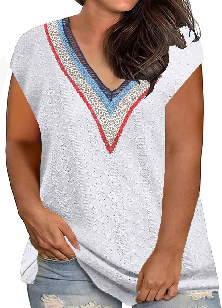 Grosse Grössen T-Shirts Damen V-Ausschnitt Plus Size Mode Strick Top Sommer Oversize Frauen Tshirts,