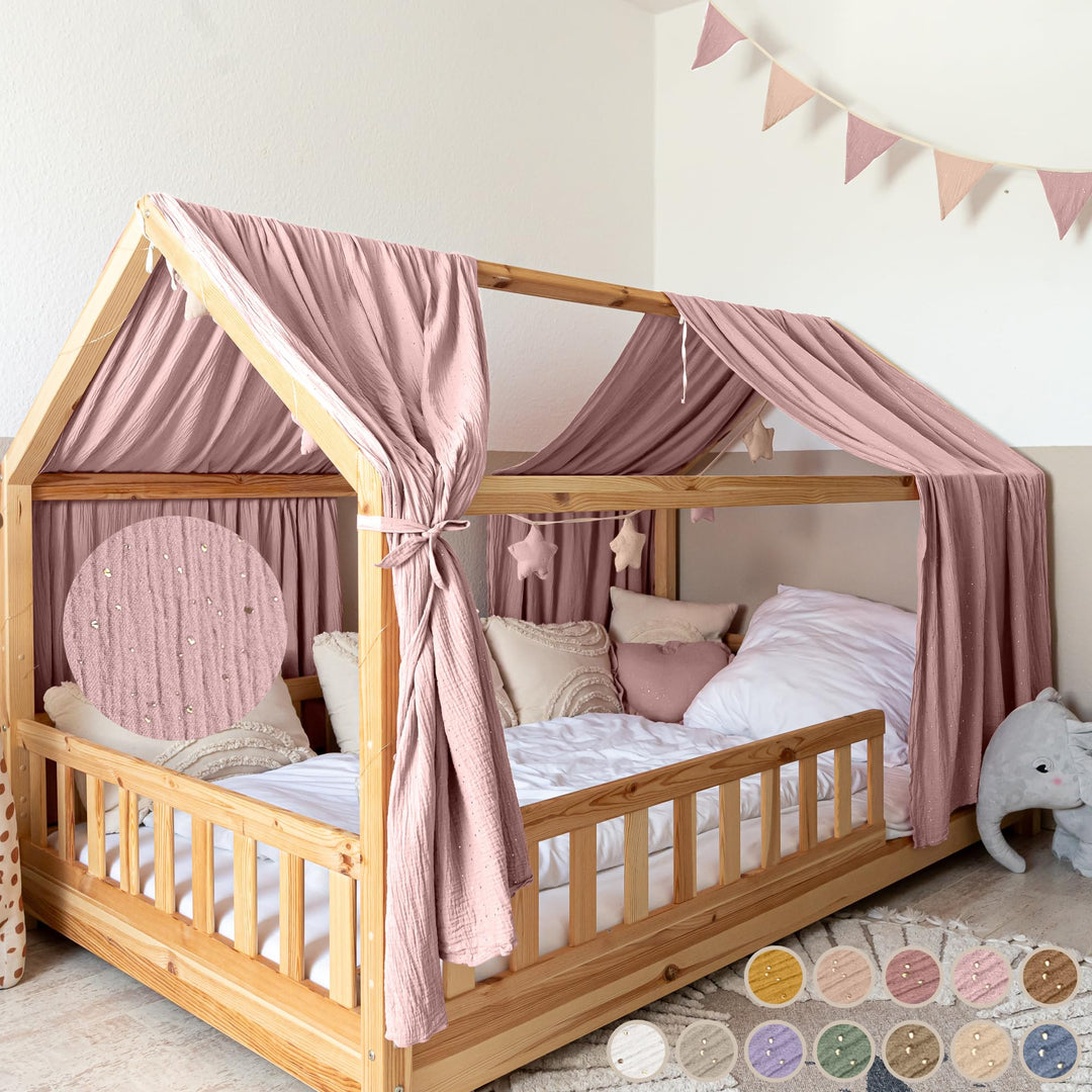 Hausbett Himmel mit Gold Applikation [in 12 Farben] Betthimmel Hausbett aus 100% Baumwolle Musselin