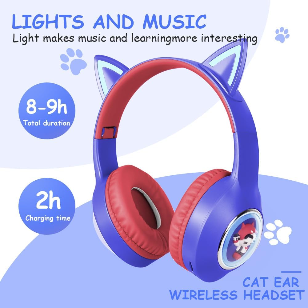 AXFEE Bluetooth-Kopfhörer Mit Katzenohren für Kinder, Bluetooth 5.3 Over-Ear Kopfhörer mit LED-Leuch