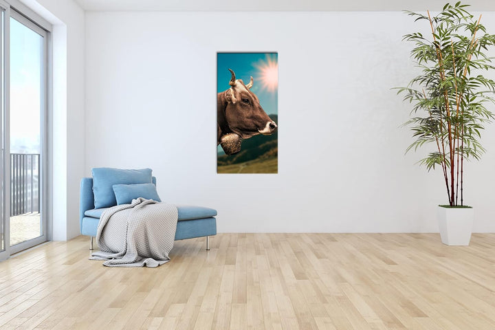 deyoli edle Alpen Kuh Panorama 80x40 cm als Leinwandbild, Motiv fertig gerahmt auf Echtholzrahmen, H