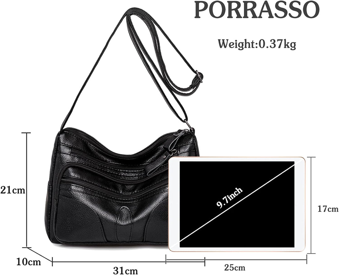 PORRASSO Damen Umhängetasche Casual Schultertasche Leder Wasserdicht Messenger Bag Handtasche für Ar