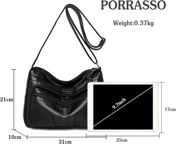 PORRASSO Damen Umhängetasche Casual Schultertasche Leder Wasserdicht Messenger Bag Handtasche für Ar
