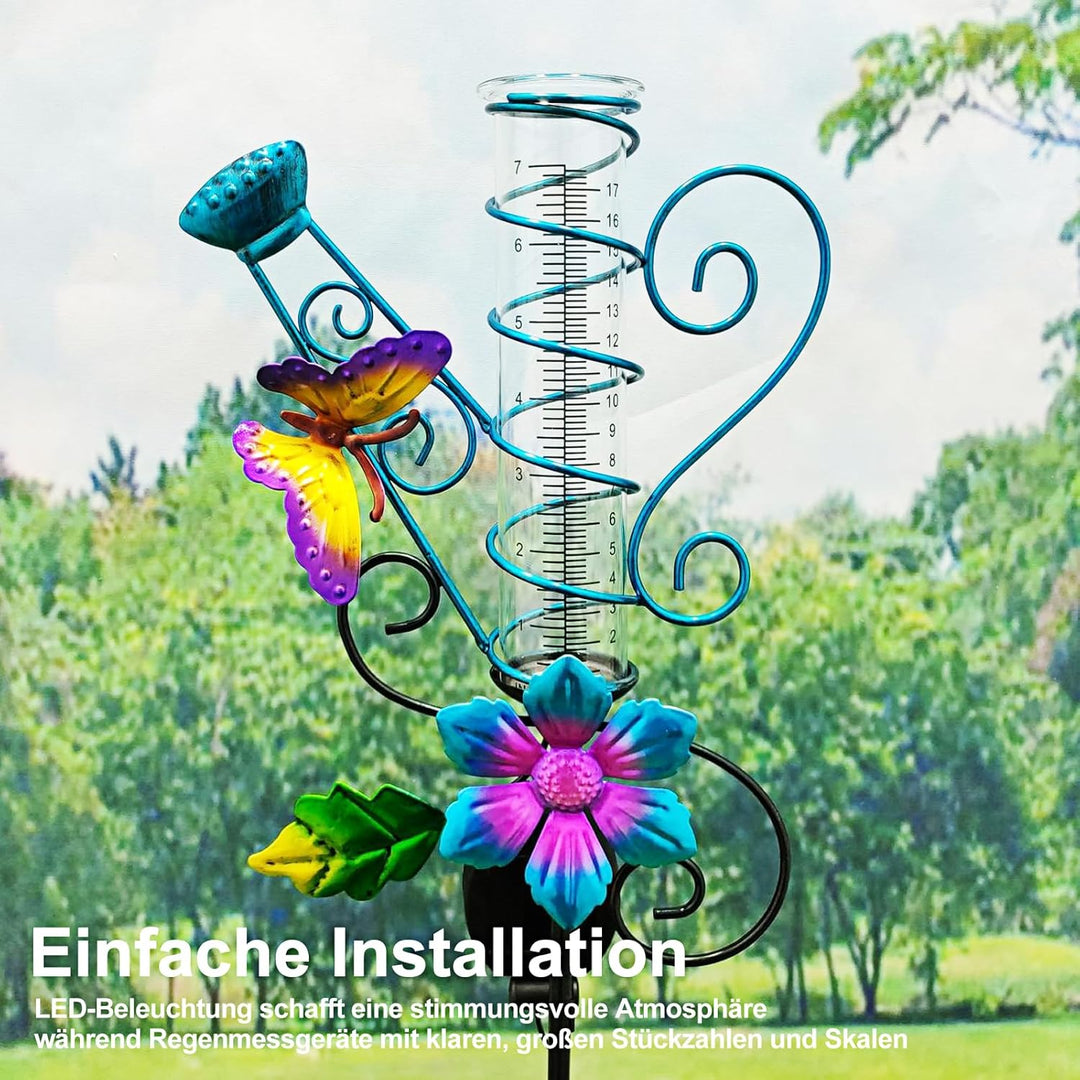 Solar Regenmesser für Garten mit Erdspiess und LED, Niederschlagsmesser Frostsicher Glas für Rasen,