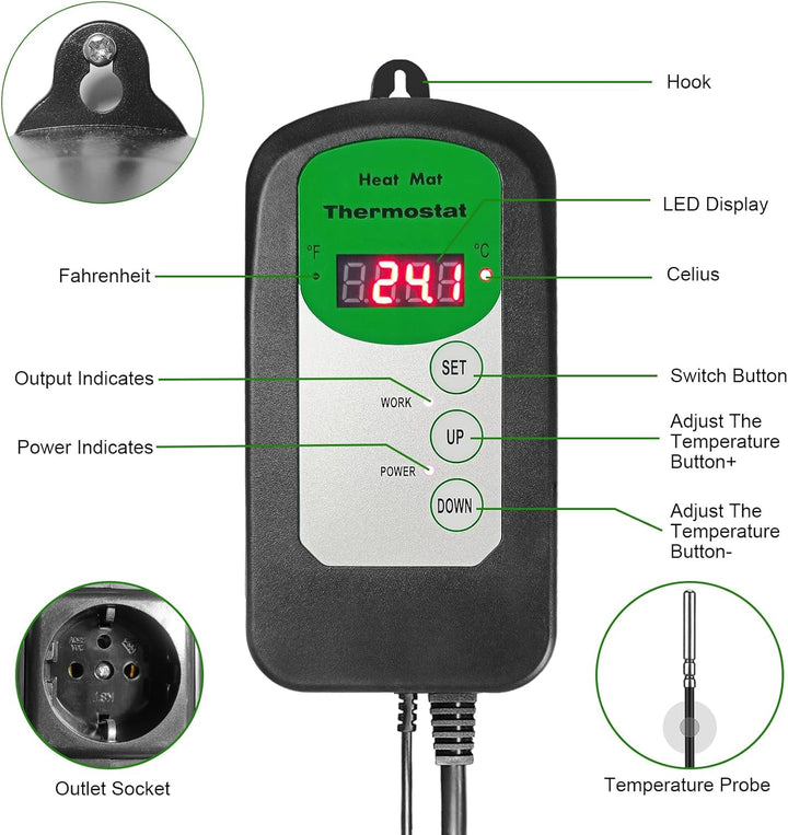 Heizmatte für Setzlinge, digitaler Thermostatregler 68 – 108 °C, Material zur Keimung von Pflanzen,