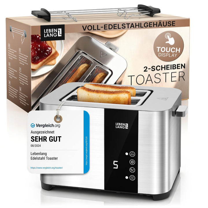 LEBENLANG Edelstahl Toaster mit Brötchenaufsatz 2 Scheiben - Touchscreen LED Display & 7 Stufen I 85