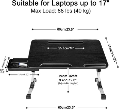 AirOpen Laptoptisch fürs Bett, Höhenverstellbar, Neigungswinkel, Klappbar Betttisch mit Schublade, P