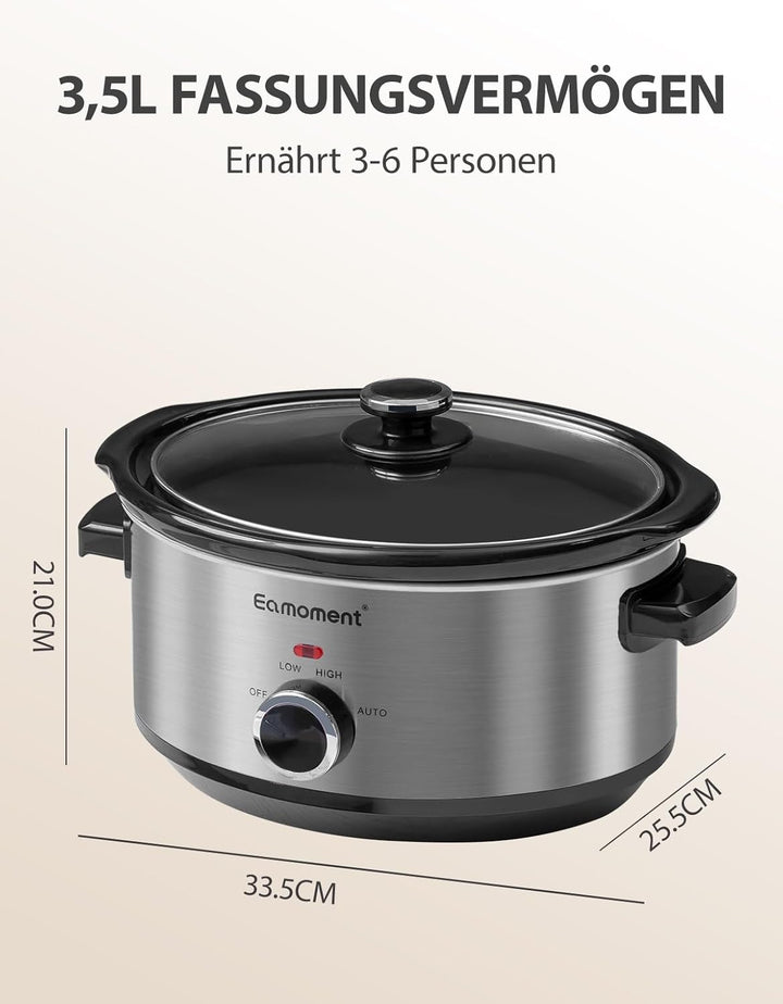 Slow Cooker, 3,5 Liter Edelstahl Schongarer mit Keramiktopf, Einstellbare Temperatur, Spülmaschinenf