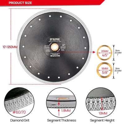 DT-DIATOOL Diamant Trennscheibe 250 mm x 25,4 mm/20 mm/16mm Sägeblatt mit X Mesh Turbo für Porzellan