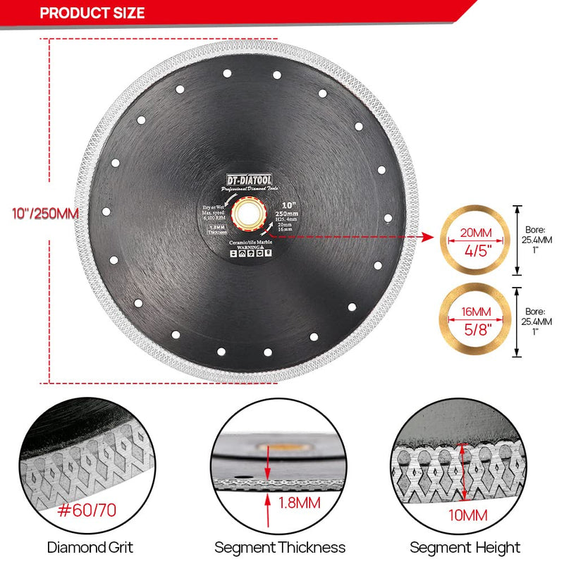 DT-DIATOOL Diamant Trennscheibe 250 mm x 25,4 mm/20 mm/16mm Sägeblatt mit X Mesh Turbo für Porzellan