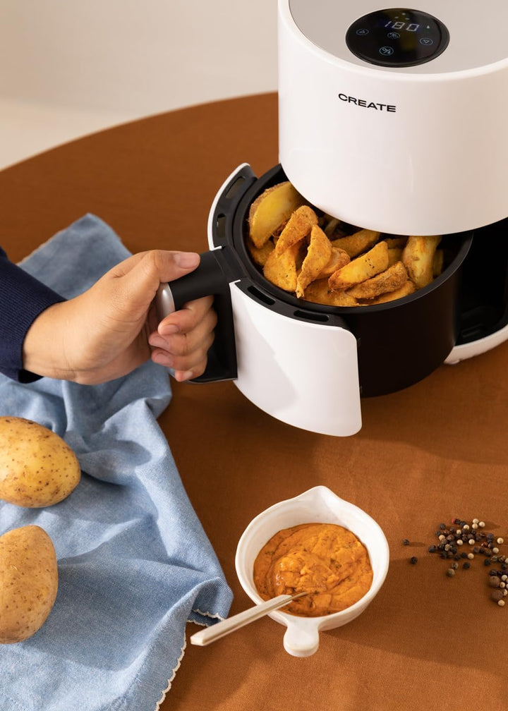 CREATE/FRYER AIR/Heissluftfritteuse 1.5L Weiss/Antihaft-Korb, Temperaturwähler 80–200°, automatische