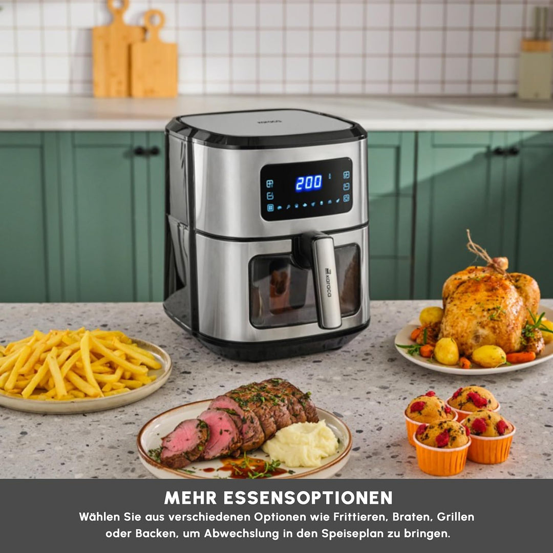 Karaca Multifry Inox XXL 7 Liter Airfryer mit digitalem Glasfenster, Heissluftfritteuse, 360-Grad-Lu