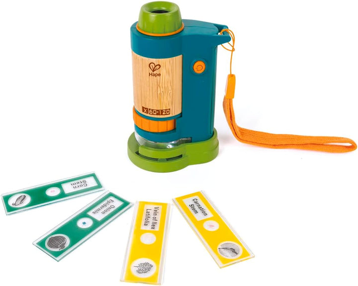 Hape Nature Fun Tragbares Mikroskop zum Entdecken aus Bambus und pflanzlichem Kunststoff, mit Licht