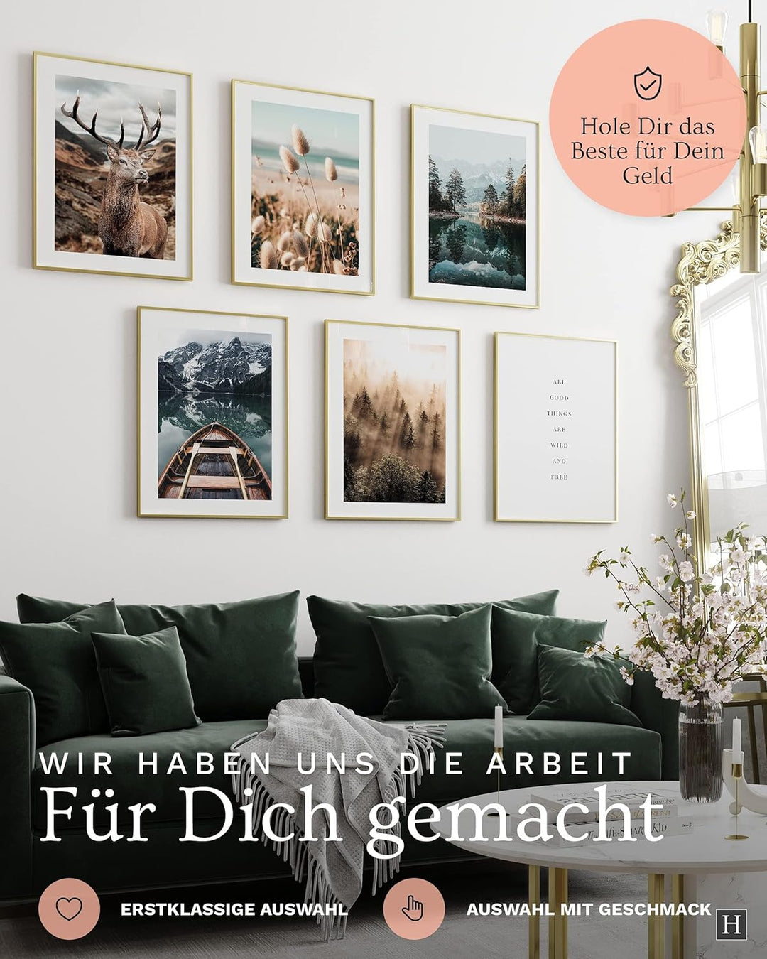 Heimlich® Premium Poster Set OHNE Bilderrahmen | Stilvolles Set mit passenden Bilder als Wohnzimmer