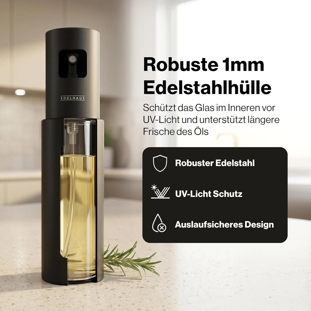 EDELHAUS Edelstahl Ölsprüher - Hochwertige Öl-Sprühflasche aus Edelstahl & Glas, für gesundes Kochen