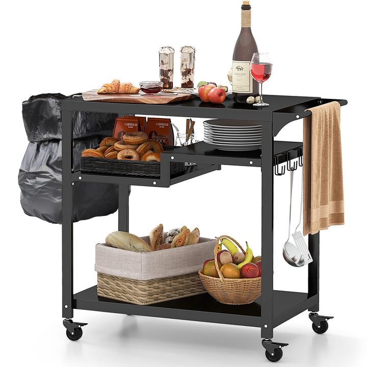 GYMAX Grillwagen, Grilltisch Rollwagen mit Rollen & offenen Ablagen, Pizzatisch mit Haken & Behälter