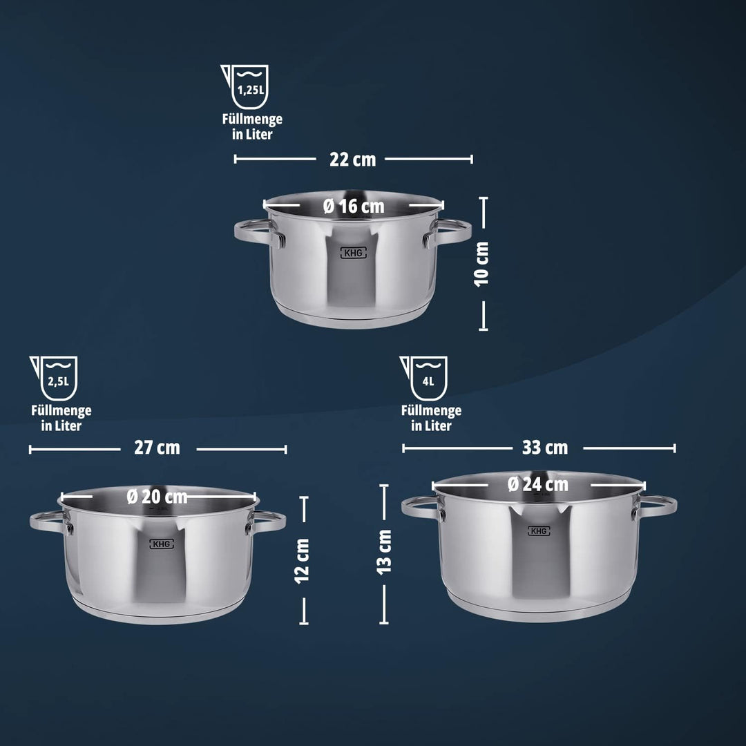 KHG Topfset 3 teilig Induktionstöpfe Edelstahl Rostfrei - 16 cm 20 cm 24 cm mit Ausguss Innenskalier