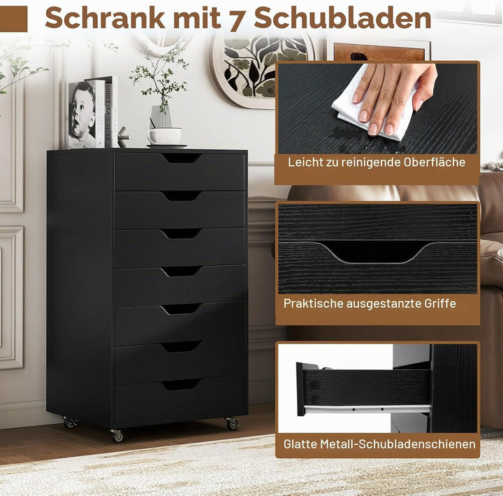 GIANTEX Rollcontainer mit 4 Schubladen &amp; 2 Schränke, Aktenschrank mit Rollen, Schubladenschrank Holz