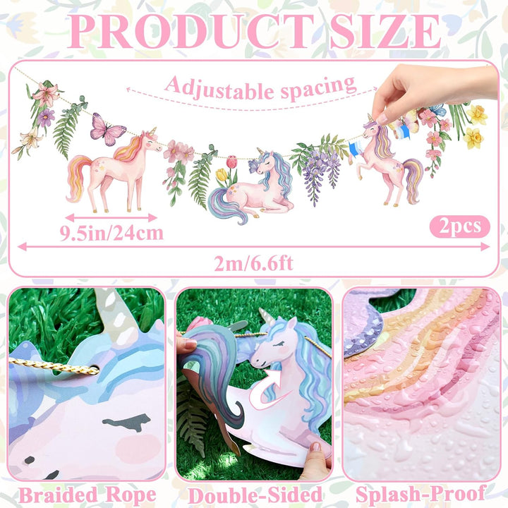 Easy Joy Magische Einhorn-Party-Girlande, rosa blumige Papierfahnen mit Schmetterlingen und Blumen,