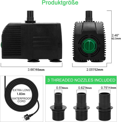 JIERTOP Aquariumpumpe 800 L/H Teichpumpe Ultra leise Geräusche mit 1,83 m Netzkabel Wasserpumpe mit
