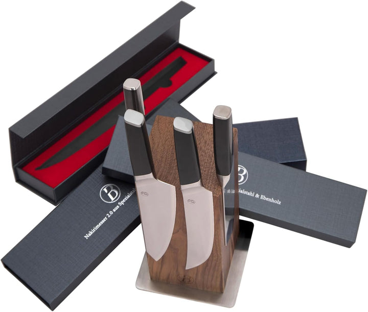BABOSSA® Original Messerset mit Magnetischem Nussbaumholz Messerblock | 4-tlg Küchenmesser Set aus 3