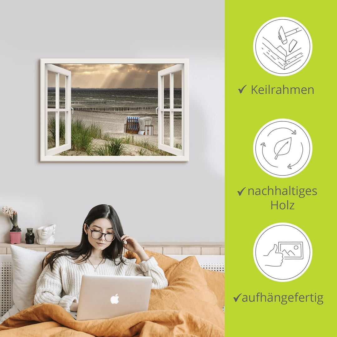 Artland Leinwandbild Wandbild Bild auf Leinwand 100x70 cm Wanddeko Fensterblick Fenster Strand Düne