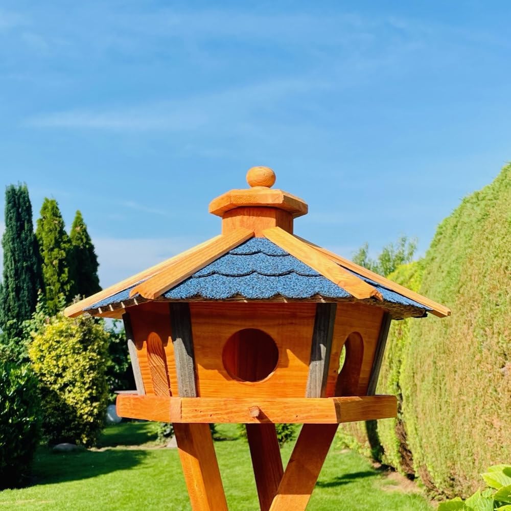 Vogel Futter Haus L oder XL Sechseck Holz Vogelhaus Futterstelle Braun/Blau, Rot, Schwarz und Grün (