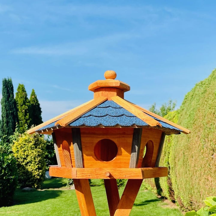 Vogel Futter Haus L oder XL Sechseck Holz Vogelhaus Futterstelle Braun/Blau, Rot, Schwarz und Grün (